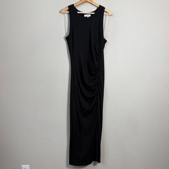 Michael Stars Wren Ribbed Midi Dress Women's Large Black Tank Ruched Slit NWOT - Picture 5 of 15
